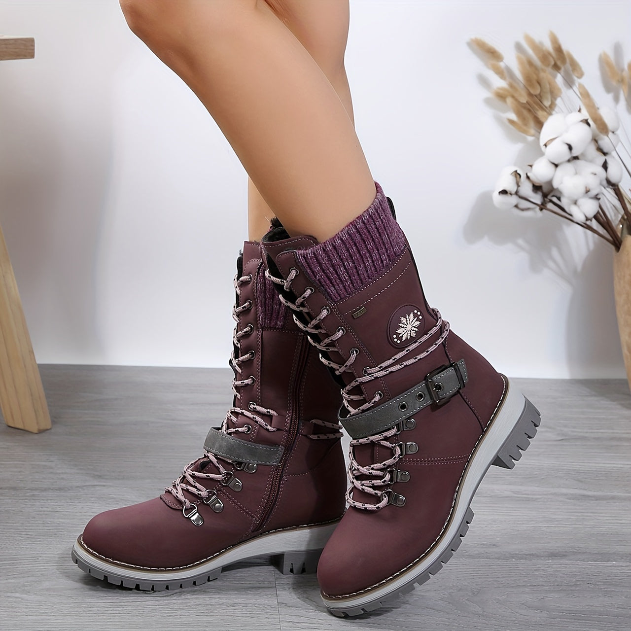 Women's Knit-Lined Lace-Up Mid-Calf Boots with Low Block Heel in Green Grey Purple