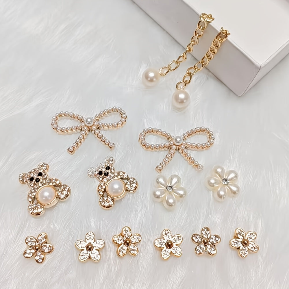 Unisex Pearl and Crystal Shoe Charm Set Detachable Accessories for Sandals