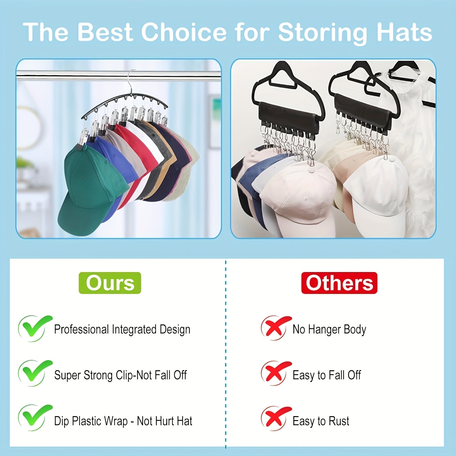 1-Piece Hat Hanger with 10 Clips for Hats Jeans and Pants Space-Saving Closet Organizer