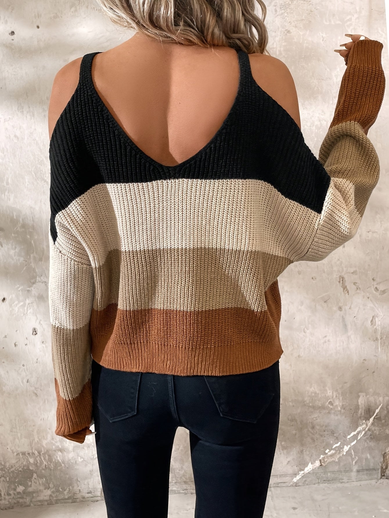 Women's Plus-Size Off-Shoulder Top Black Beige Stripes Soft Stretchy Fabric