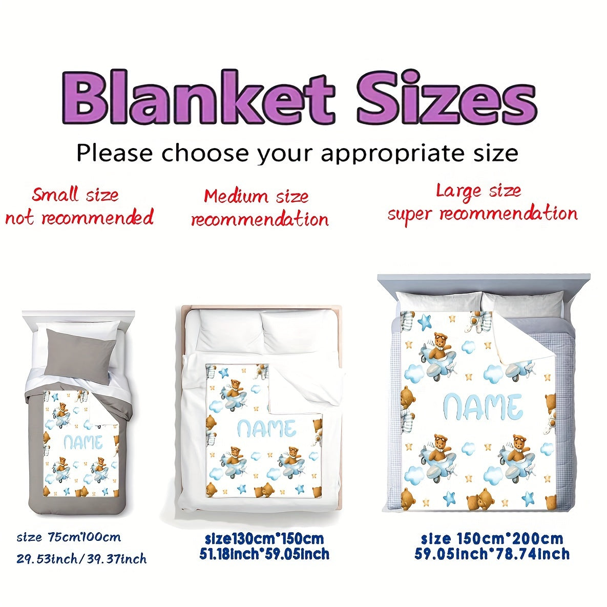 Customizable Flannel Blanket with Bear and Airplane Design for Kids and Adults