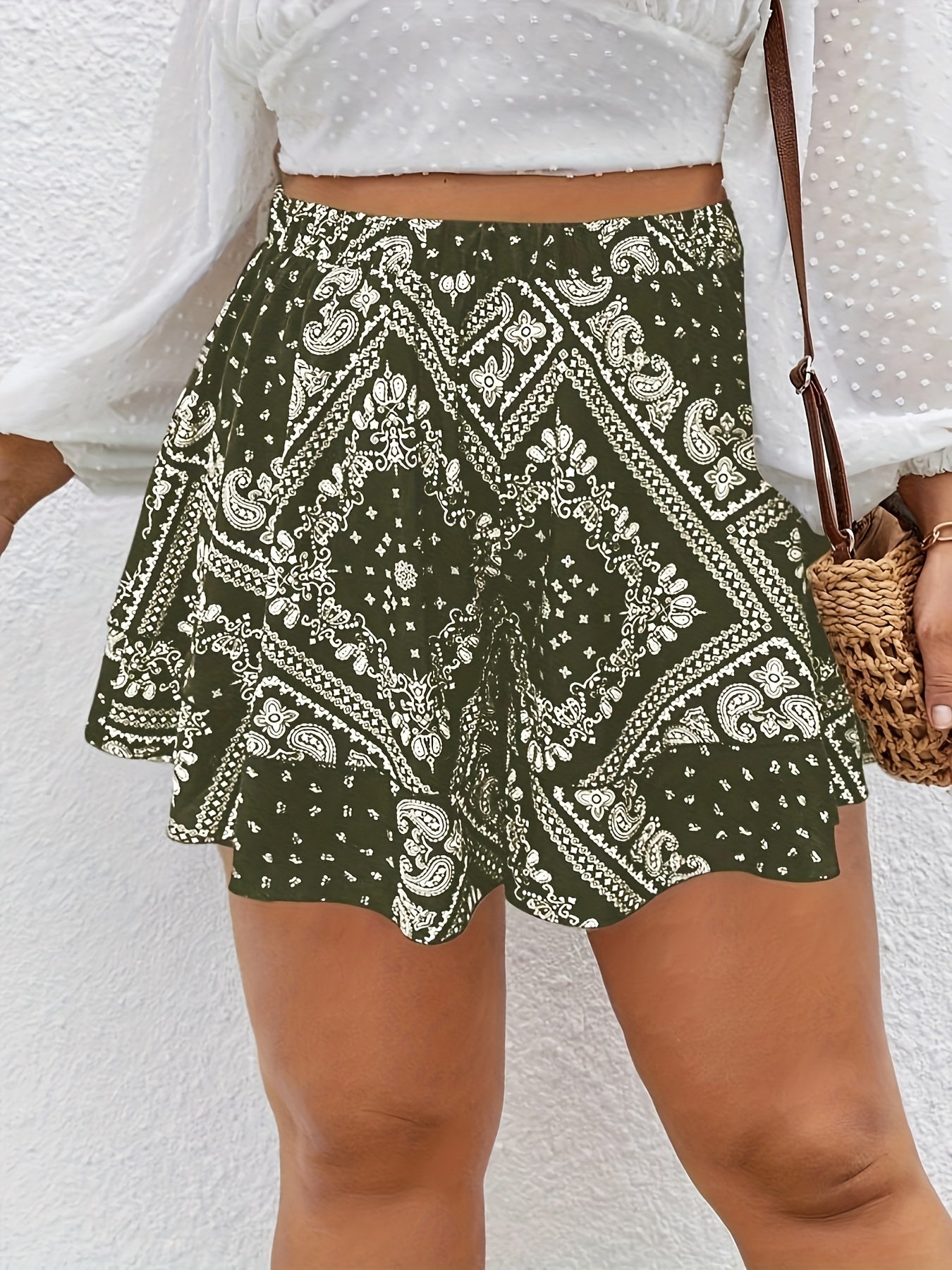 Шорты женские больших размеров с пейсли-принтом и широкими штанинами, стиль для отпуска, всесезонные