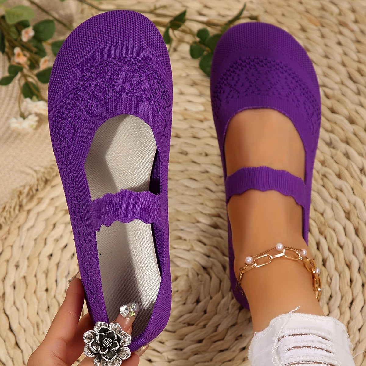 Women All-Season Knit Mary Jane Flats Solid Color Slip-On Round Toe Shoes