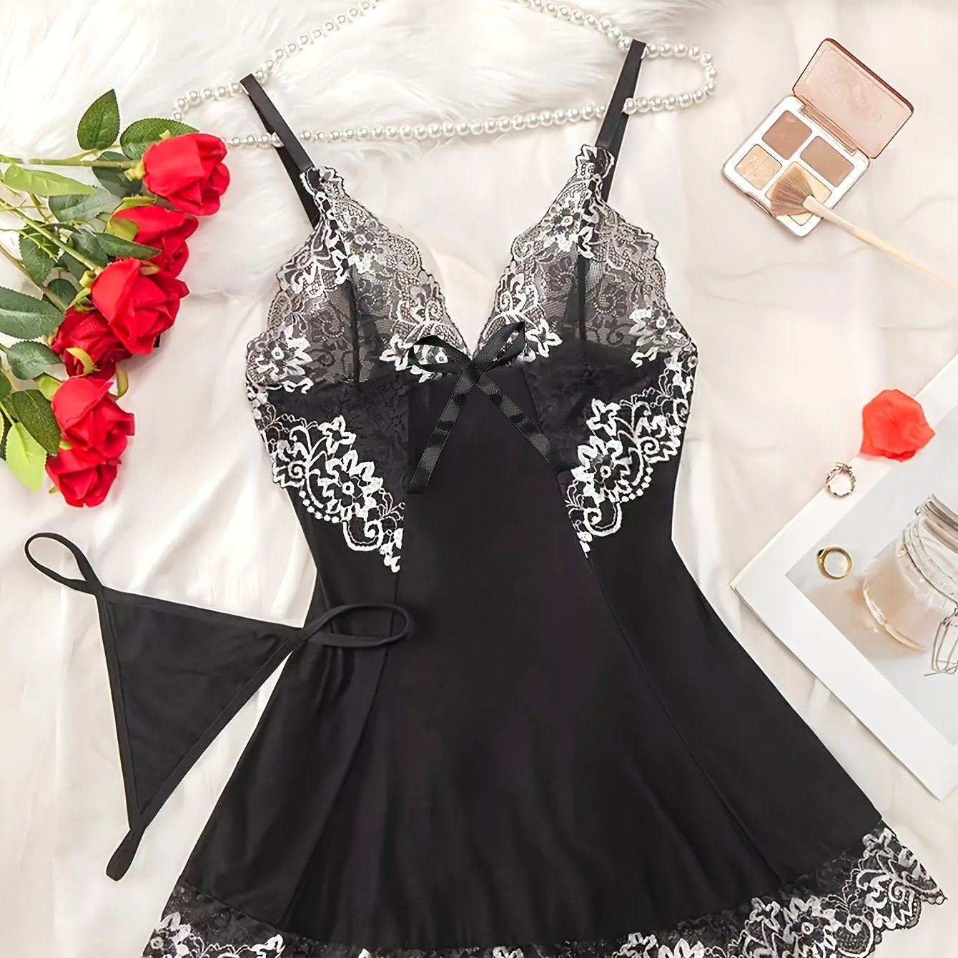 Women's Lace Lingerie Set with Thong and Adjustable Straps