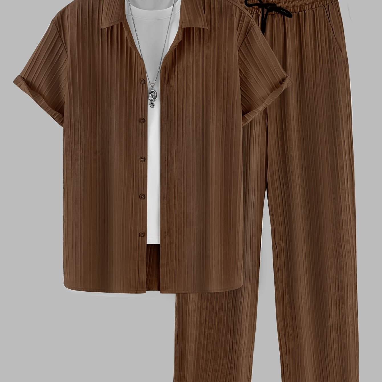 Men's Solid Color Textured Shirt and Pants Set Casual Four-Season Outdoor Outfit