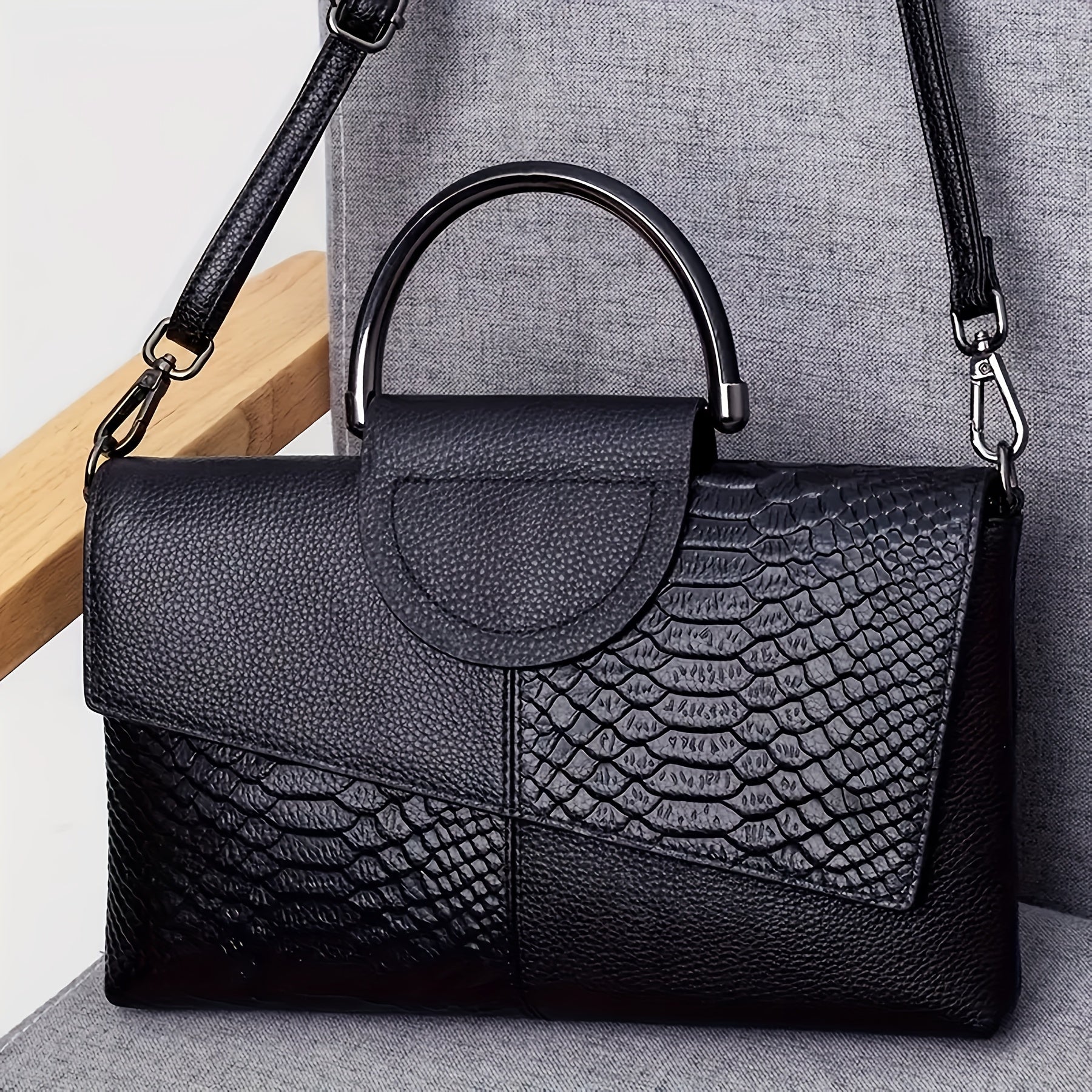 Crocodile Pattern Faux Leather Handbag for Work and Shopping Black