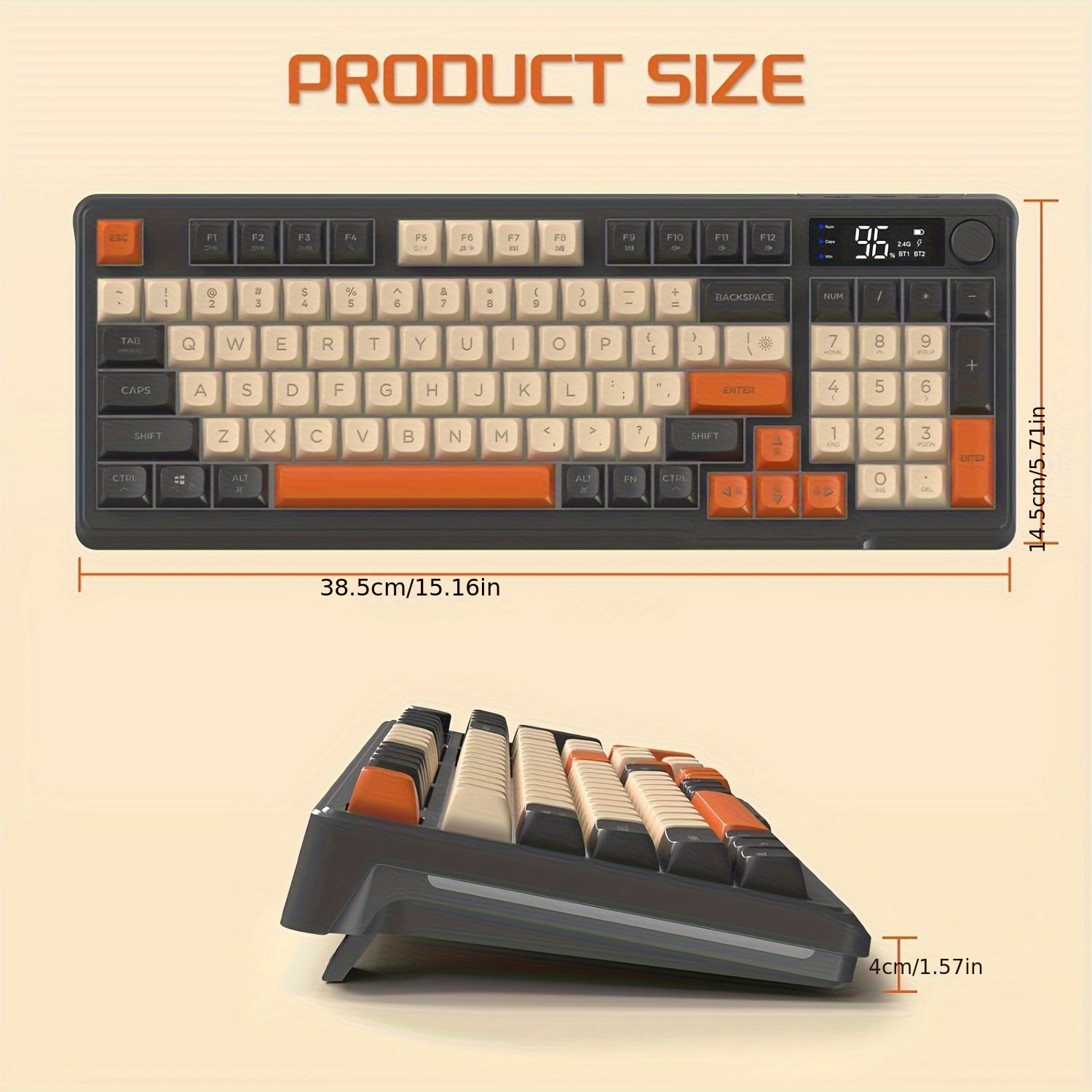 Wireless Gaming Keyboard with Display Screen and Knob Bluetooth 2.4GHz Quiet Membrane