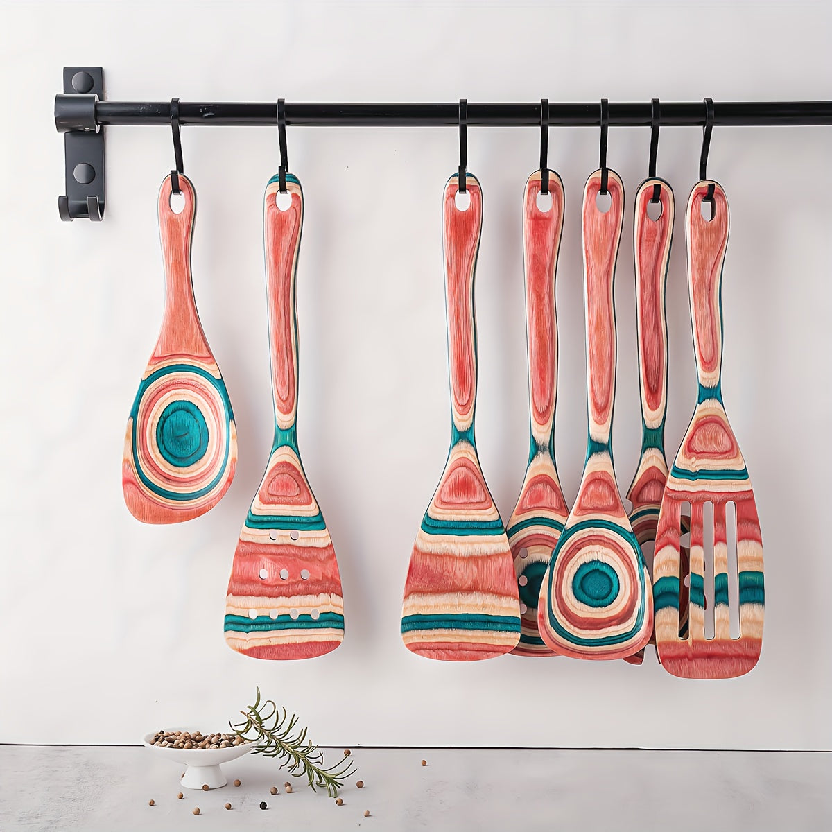 Pink Wooden Kitchen Utensil Set 7-Piece Non-Stick Heat-Resistant Cooking Tools