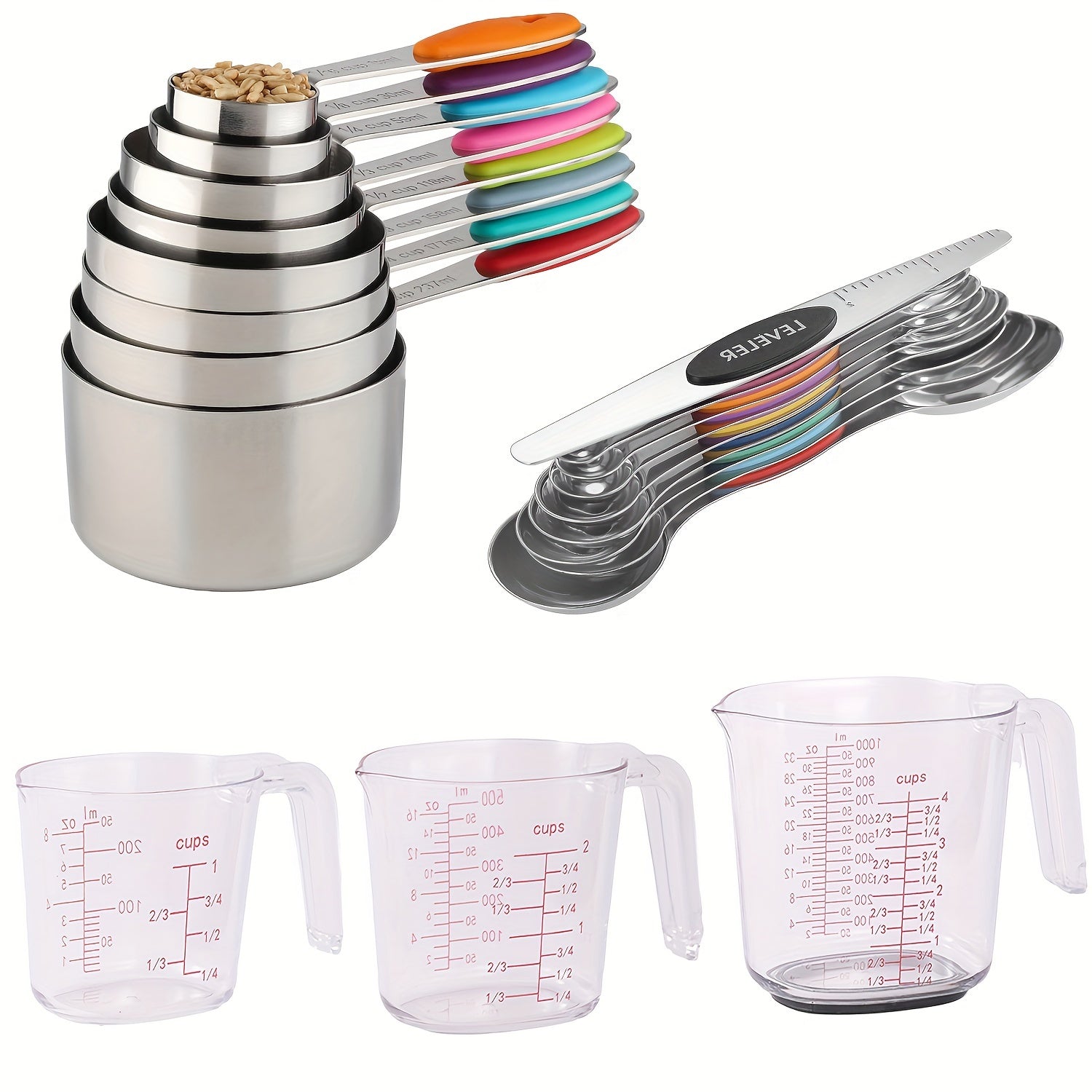 Set of 20 Stainless Steel Measuring Cups and Spoons with Magnetic Leveler