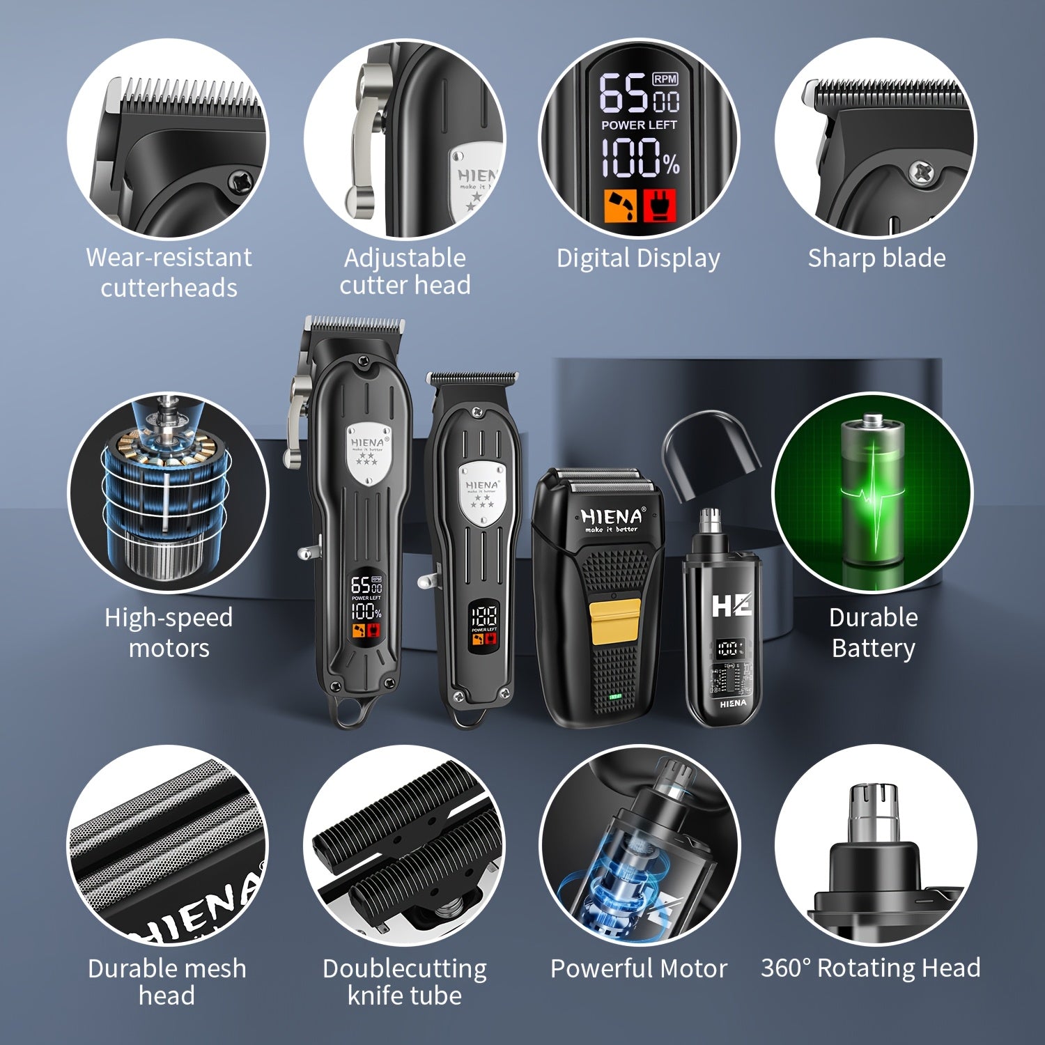 Набор для ухода за мужчинами Hiena Professional включает беспроводной машинкой для стрижки волос, триммер с нулевым зазором T-образной лезвия, триммер для носа, перезаряжаемый электробритву с цифровым дисплеем уровня заряда батареи. Идеально