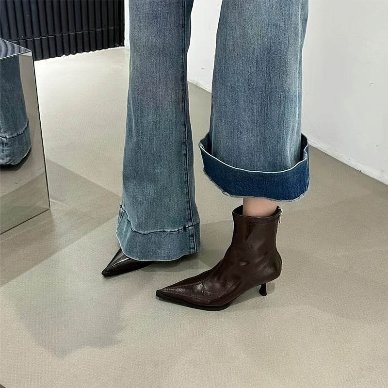 Women's Brown Faux Leather Pointed Toe Stiletto Boots for Winter and Formal Wear