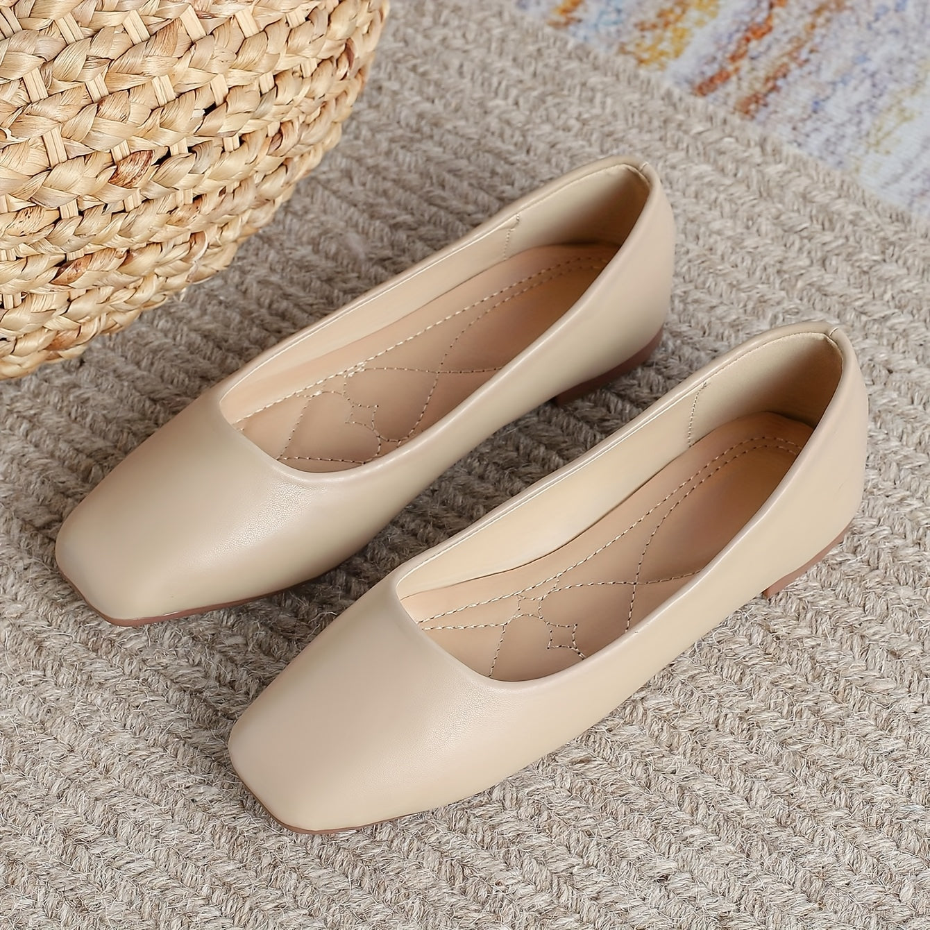 Zapatos planos de mujer de charol sintético con punta cuadrada, beige, con plantilla acolchada y antideslizante para todas las estaciones