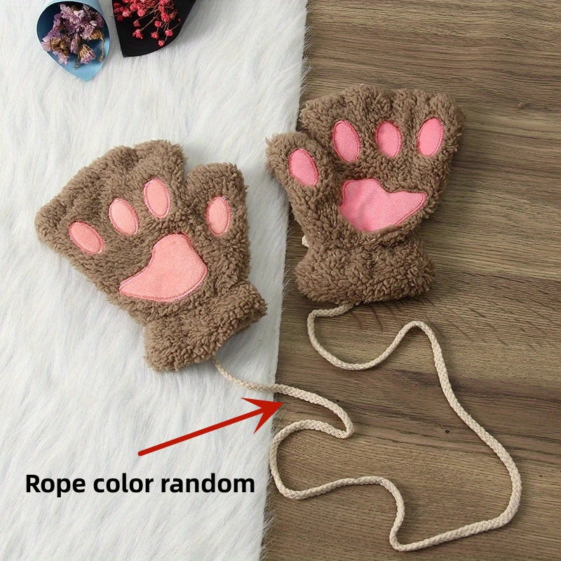 Thickened Half-Finger Winter Gloves with Cartoon Cat Paw Design for Warmth and Touchscreen Use