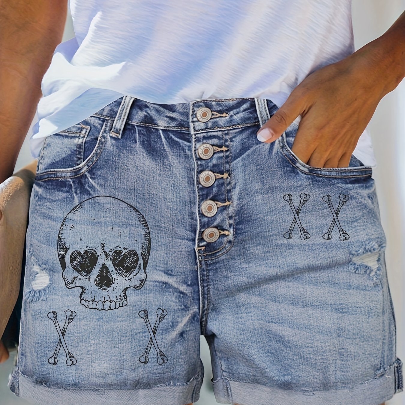 Женские рваные джинсовые шорты с готическим панком и принтом черепа, большой размер, высокая эластичность