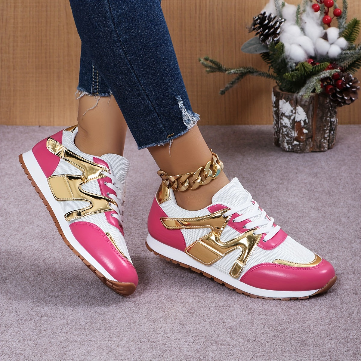 Women's Low-Top Sneakers White Fabric Pink Accents Rubber Sole Casual