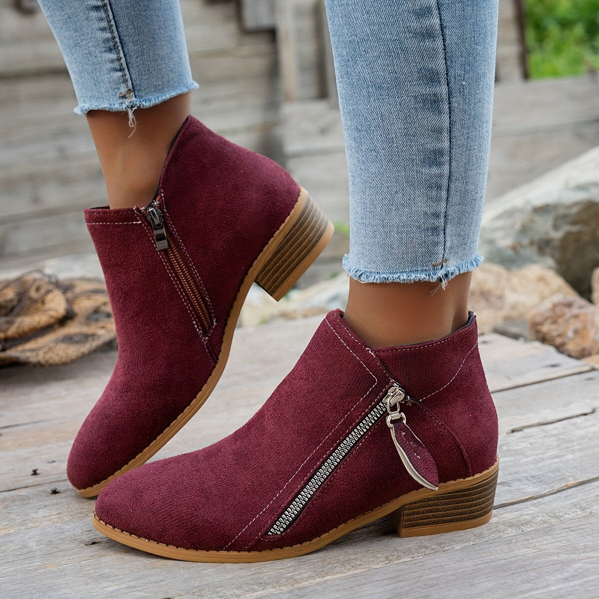 Women's Chunky Heel Ankle Boots Fabric Low Block Zipper Winter Casual