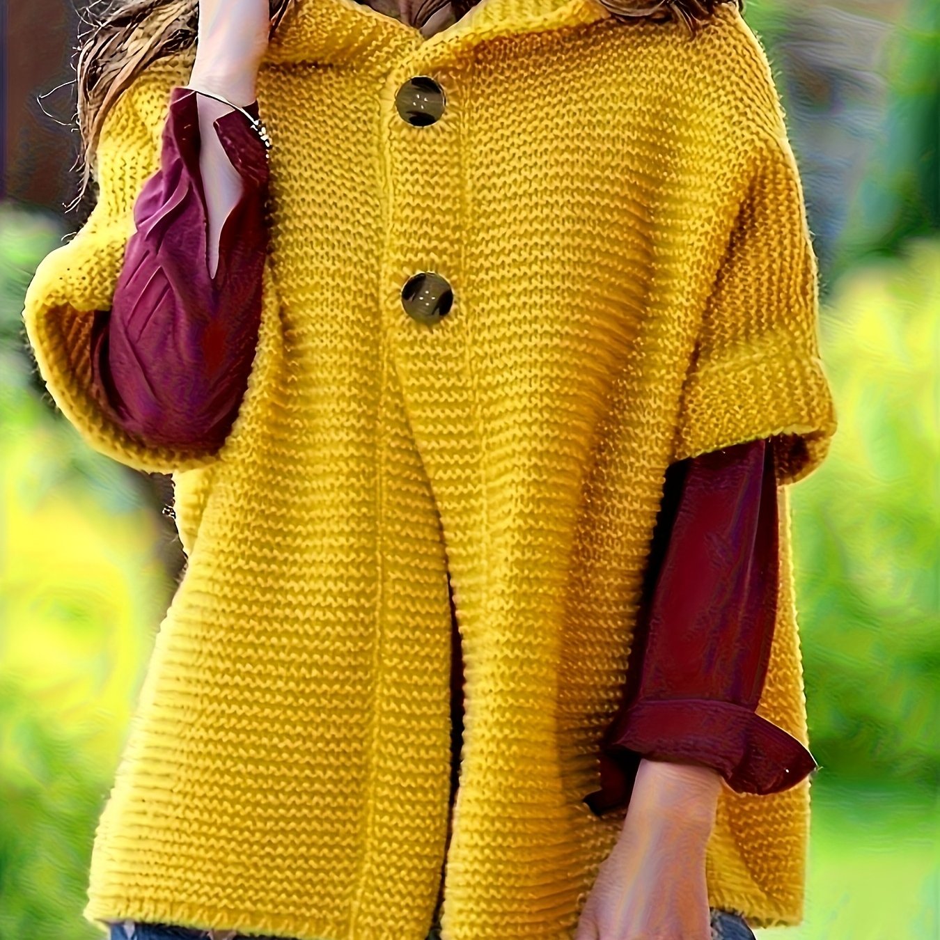 Plus Size Yellow Hooded Short Sleeve Cardigan Soft Fabric Casual Seasonal