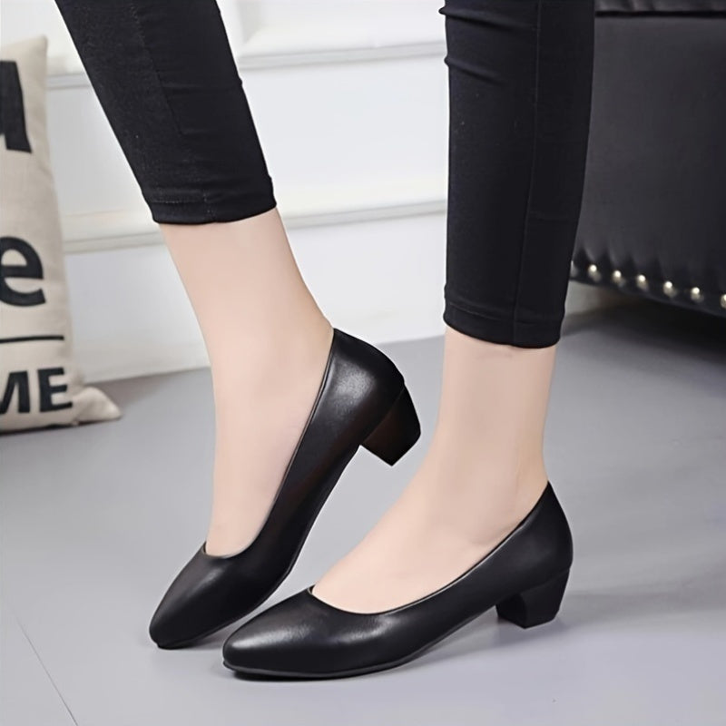 Women's Black Pointed Toe Pumps with Mid Block Heel for Office and Daily Wear