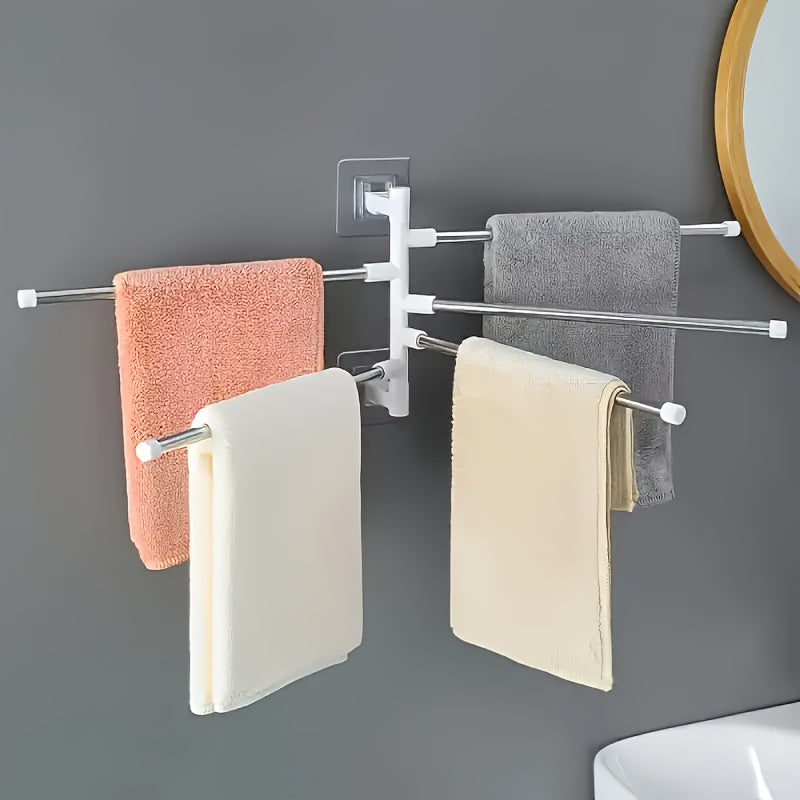 Stainless Steel Wall-Mounted Towel Rack with Rotating Hooks and Suction Shelf