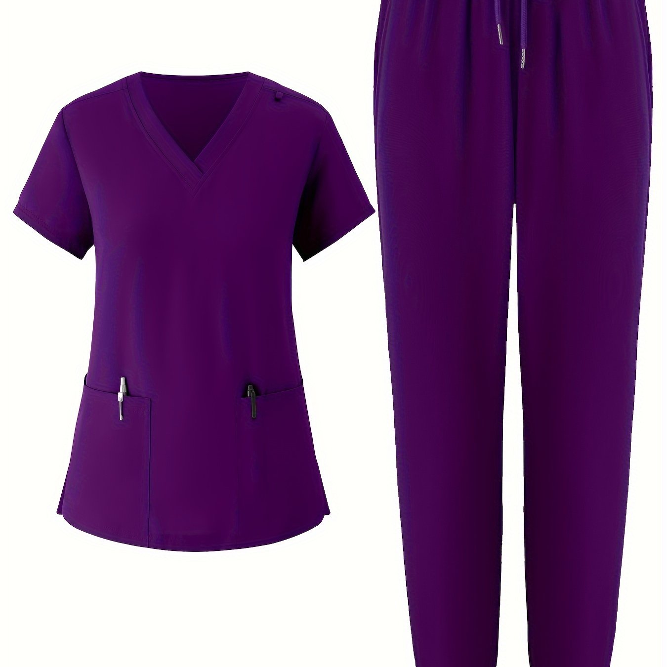 Women's V-Neck Scrub Set Solid Color Breathable Pockets All-Season Workwear
