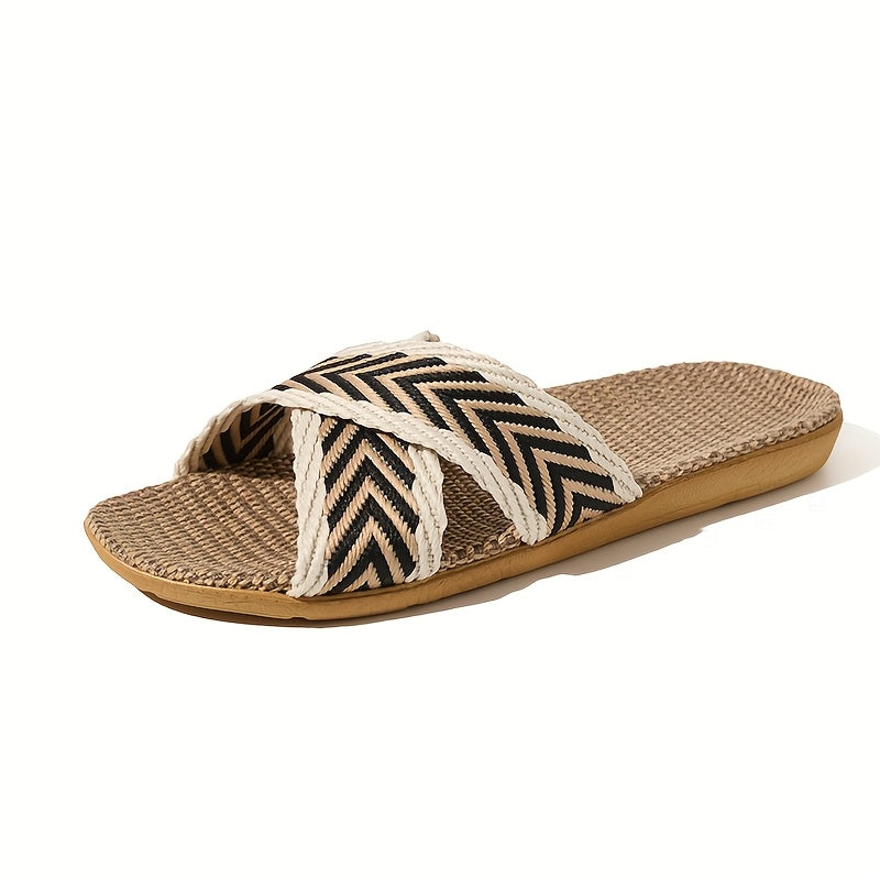 Women's Linen Slides Black and White Chevron Casual Sandals