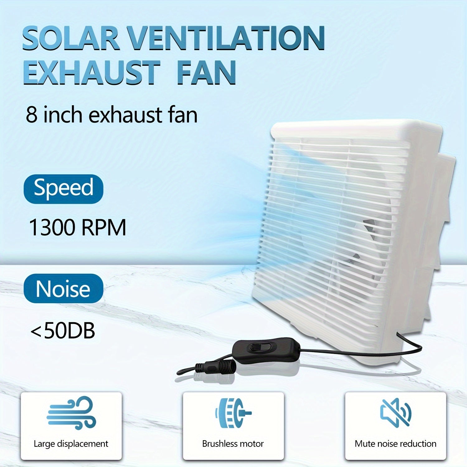 Qayta tiklanadigan batareyali quyoshli ventilyator, 25W quyoshli ventilyator to'plami va 8 dyuymli ventilyator bilan ishlaydi, issiqxona, ichki joylar va kichik binolar uchun mos.