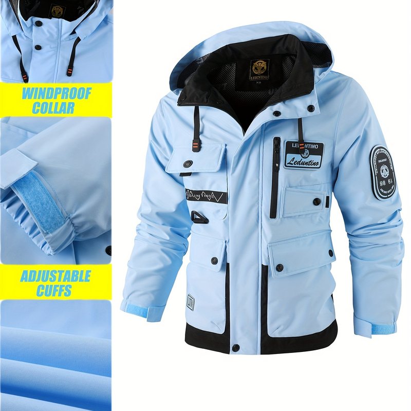Men's Hooded Windproof Jacket with Detachable Hat Multi-Pocket Cargo Style for Spring and Autumn