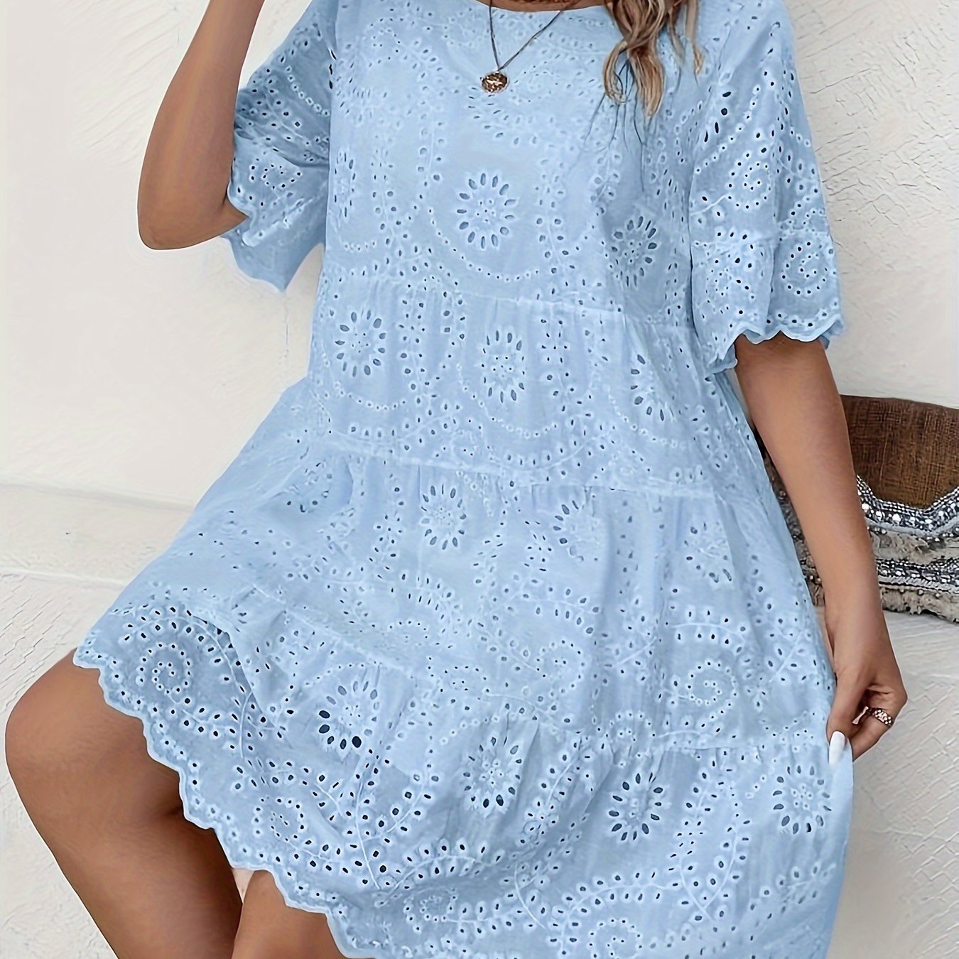 Plus Size Lace-Trimmed Eyelet Embroidery Dress with Mesh Fabric for Spring and Summer