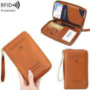 Brown RFID Blocking Travel Wallet with Zipper Closure and Wrist Strap for Passports and Cards