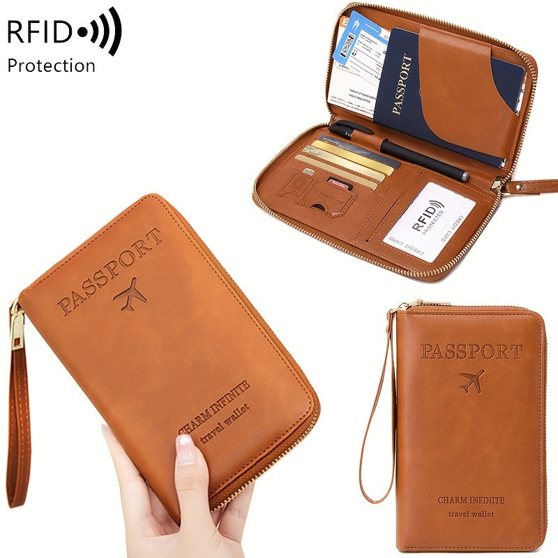 Brown RFID Blocking Travel Wallet with Zipper Closure and Wrist Strap for Passports and Cards