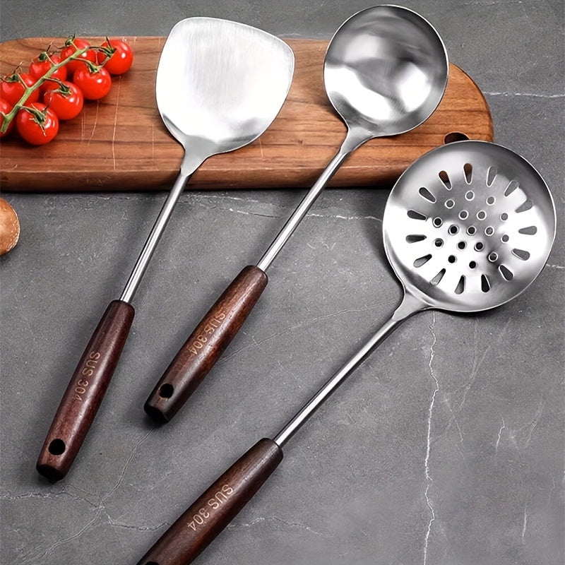 304 zanglamaydigan po'latdan yasalgan oshxona asboblari to'plami, spatula, qozon va xizmat qilish qoshiq bilan