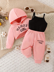 Girls Baby Casual Letter Print 3-Piece Outfit Hoodie Cami Pants Fall Winter