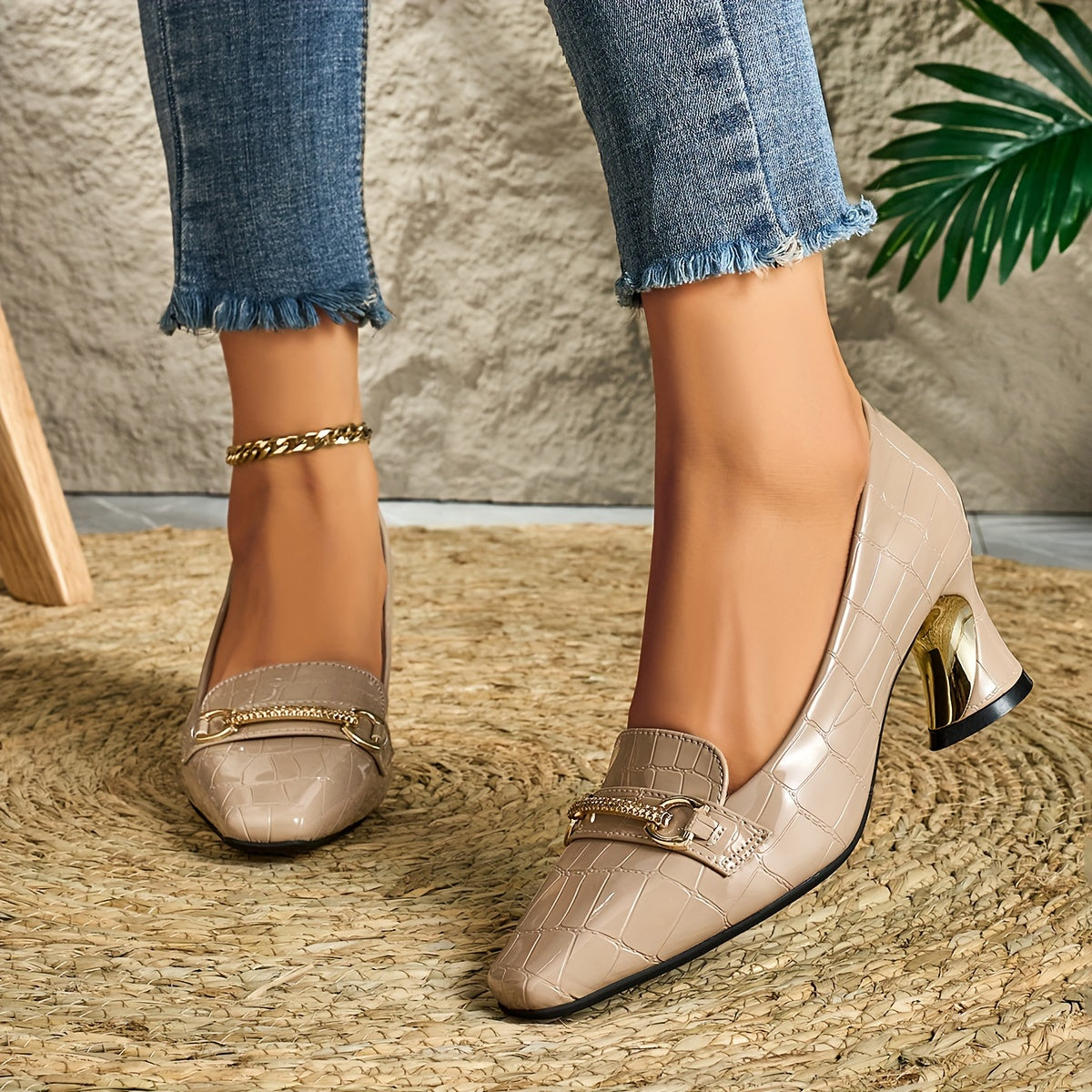 Women'S Square Toe High Heels Synthetic Embossed Gold Buckle