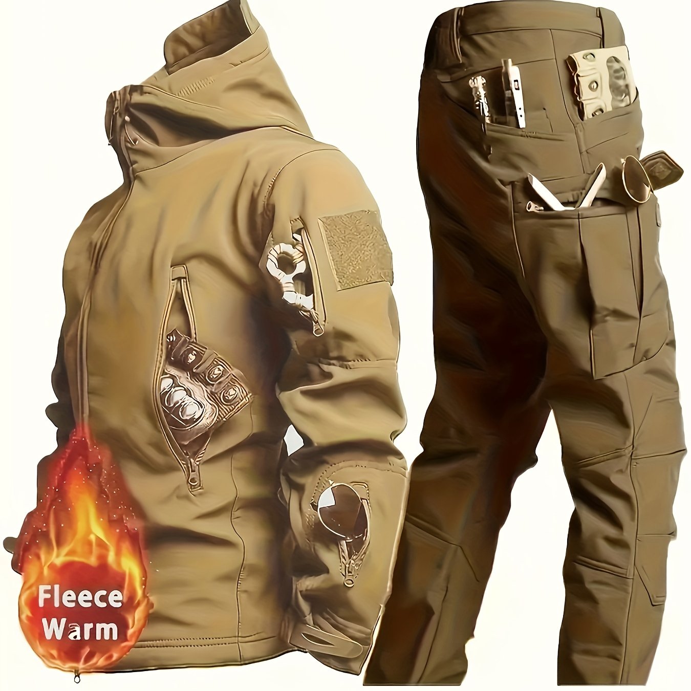 Men's Waterproof Breathable Cargo Sports Suit with Fleece Hooded Quick-Drying Jacket