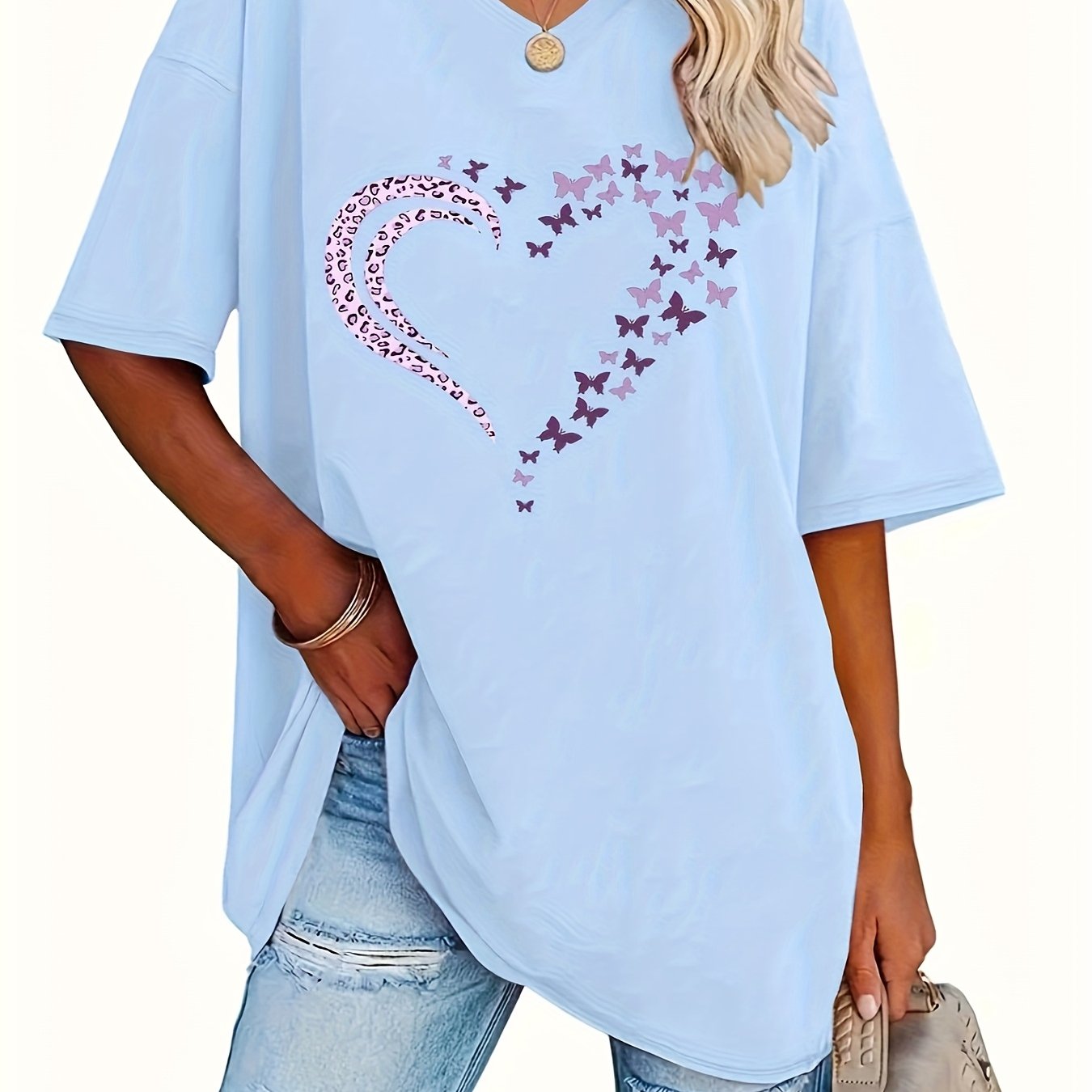 Women V-Neck Short Sleeve Loose T-Shirt Top for Spring Summer