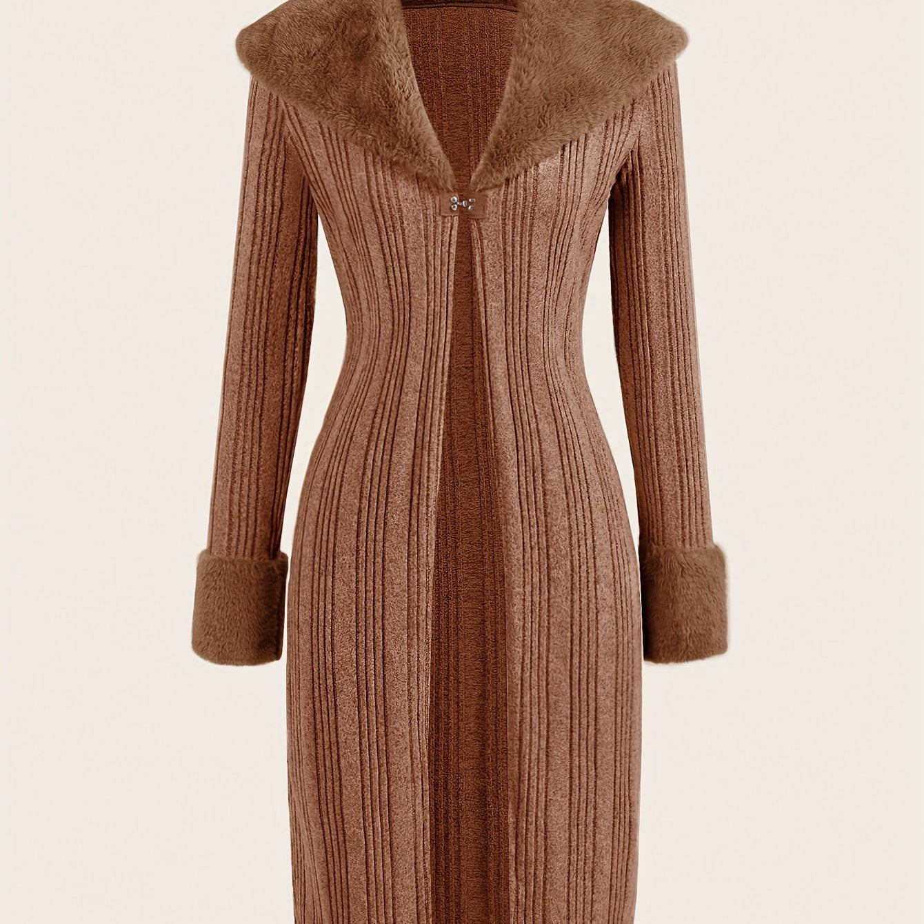 Uzoq yengli, uslubiy polyester palto, soxta mo'ynali yaka bilan, barcha fasllar uchun mukammal.