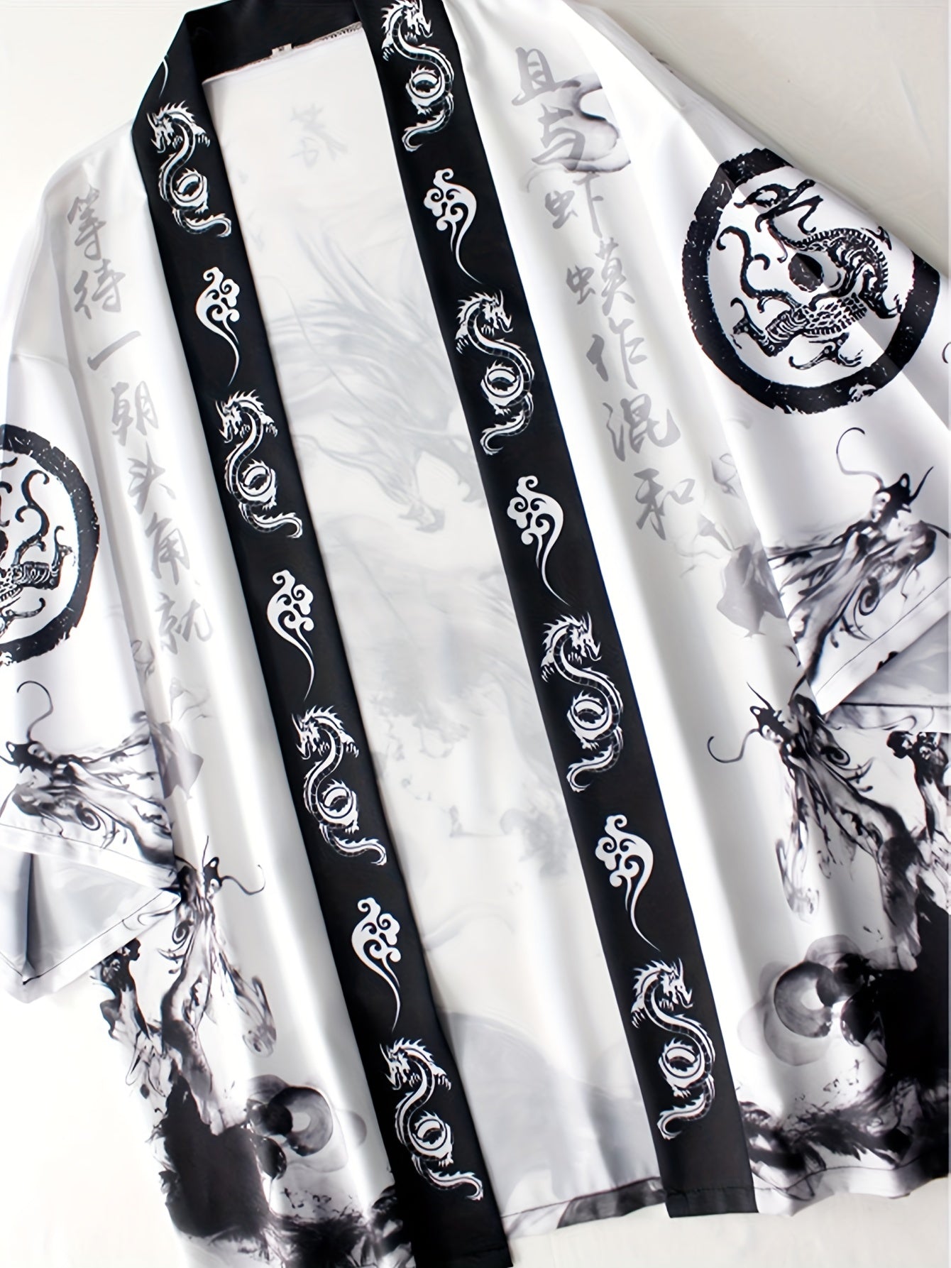 Men's Lightweight Kimono Cardigan with Dragon Print, 3/4 Sleeves, Open Front