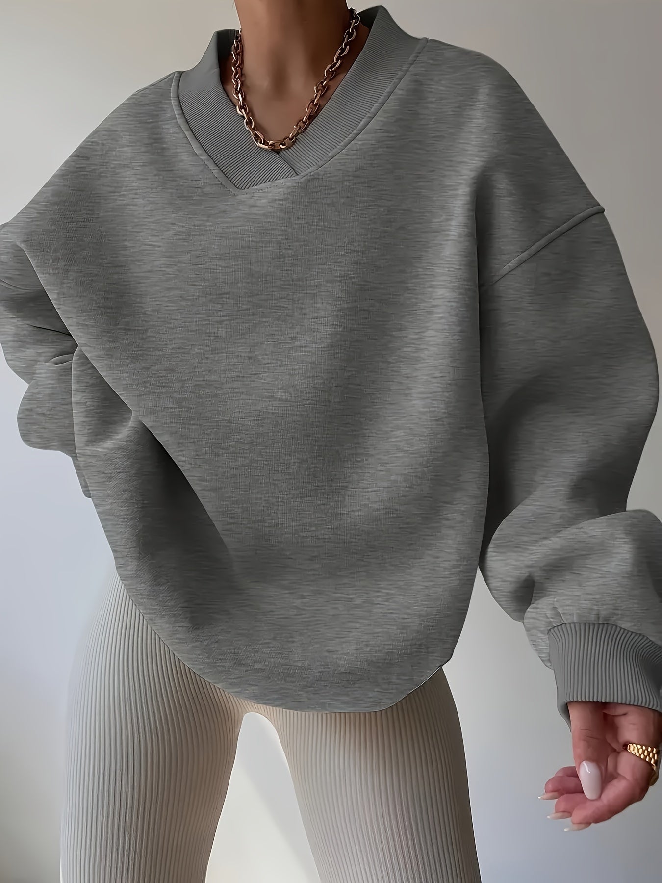 Plus Size Women's V-Neck Ribbed Sweatshirt Heather Gray Oversized Pullover