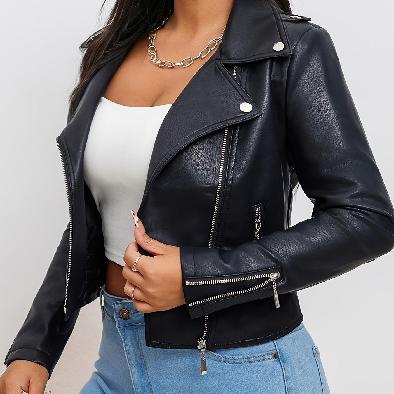 Women's Faux Leather Biker Jacket Slim Fit Solid Color Zipper Front Long Sleeve Spring Autumn