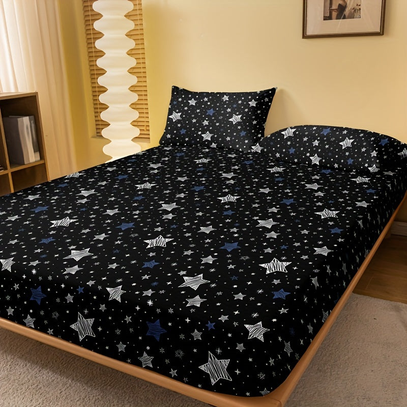Star Print Fitted Sheet Deep Pocket Soft Bedding for Bedroom or Guest Room