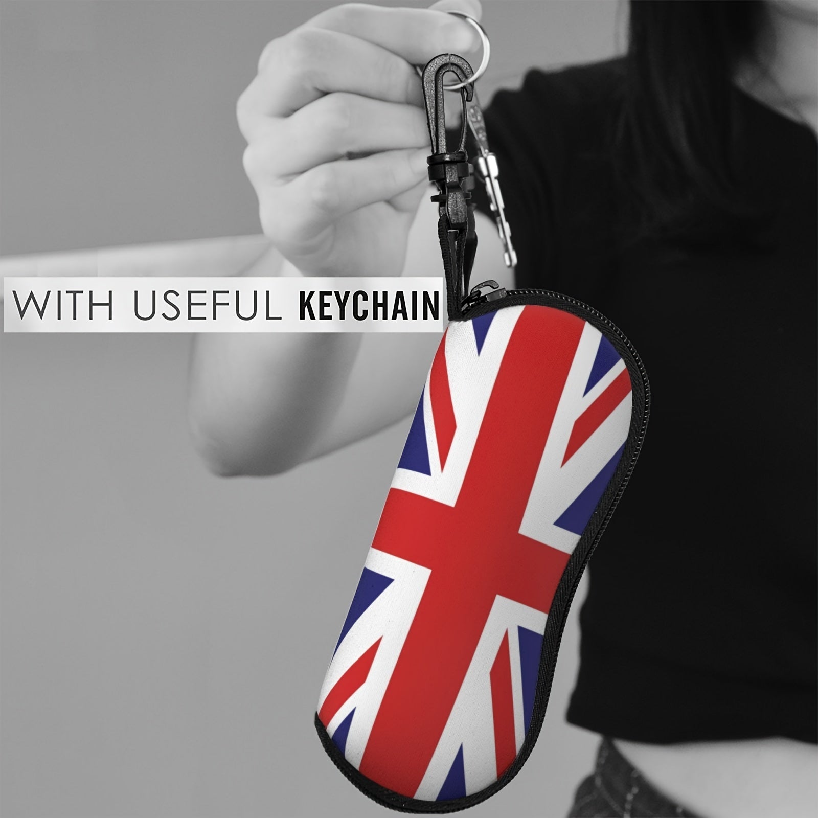 Waterproof Eyewear Case with British Flag Print and Keychain Neoprene Soft Lightweight for Men Women