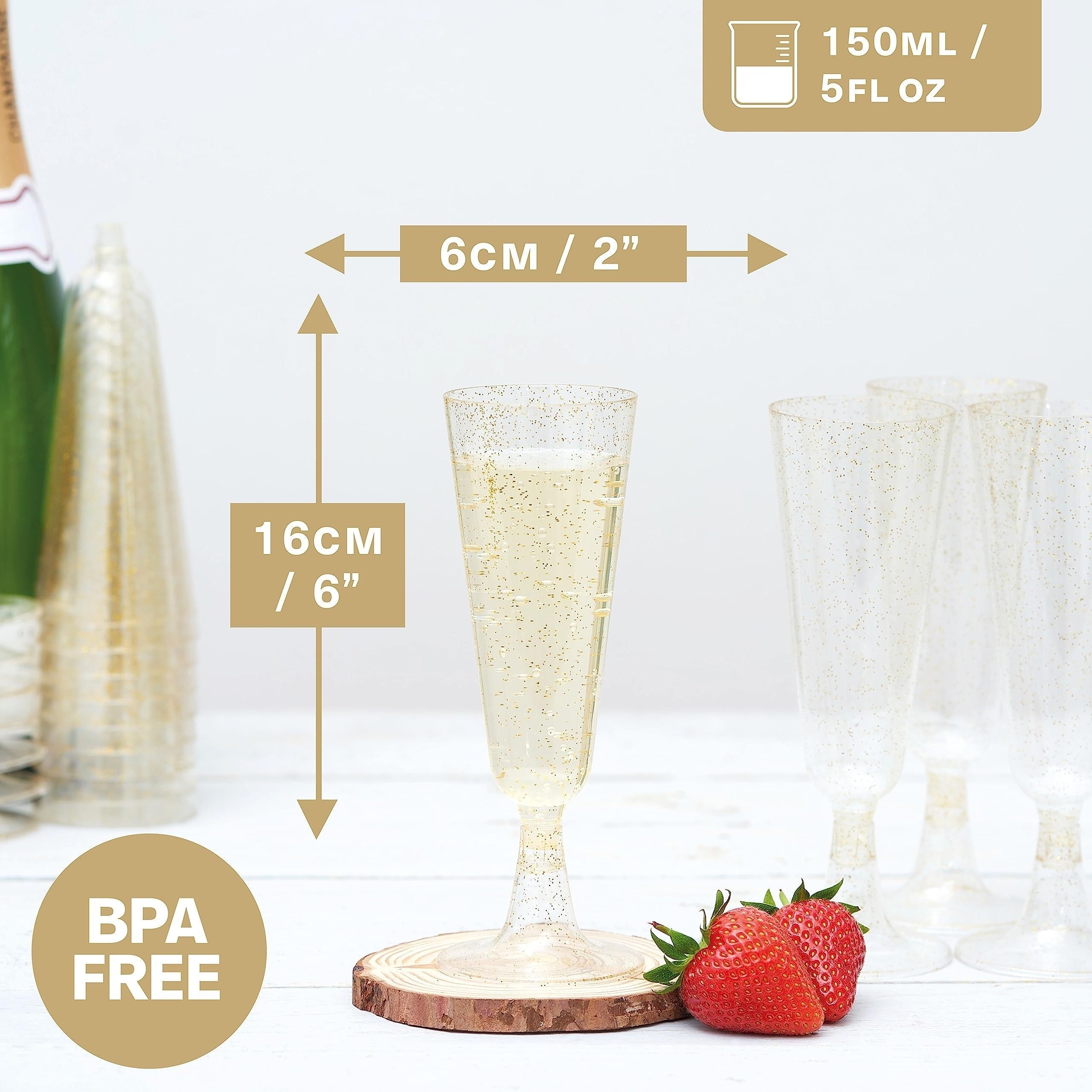 25 Pack Gold Glitter Plastic Champagne Flutes 5oz Eco-Friendly Wedding Party