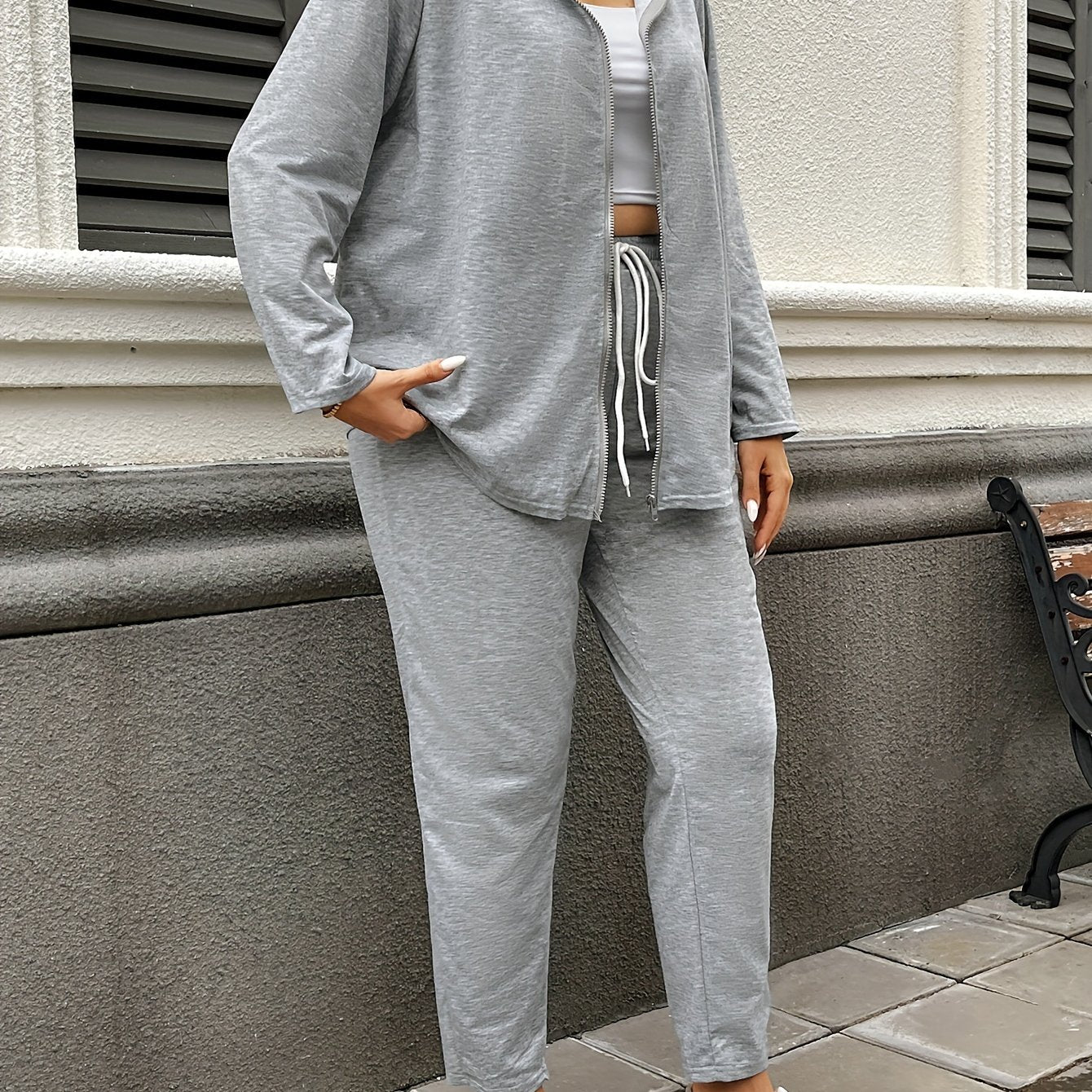 Women's Hooded Casual Suit Polyester Spandex Solid Color Zipper