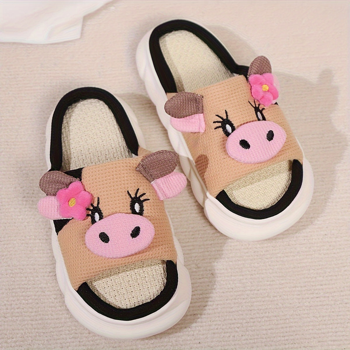 Women's Cow Print Slip-On Slippers Soft Fabric Indoor Outdoor Shoes