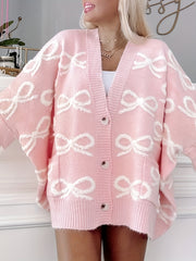 Women's Pink Oversized Butterfly Pattern V-Neck Cardigan Cozy Fall Sweater