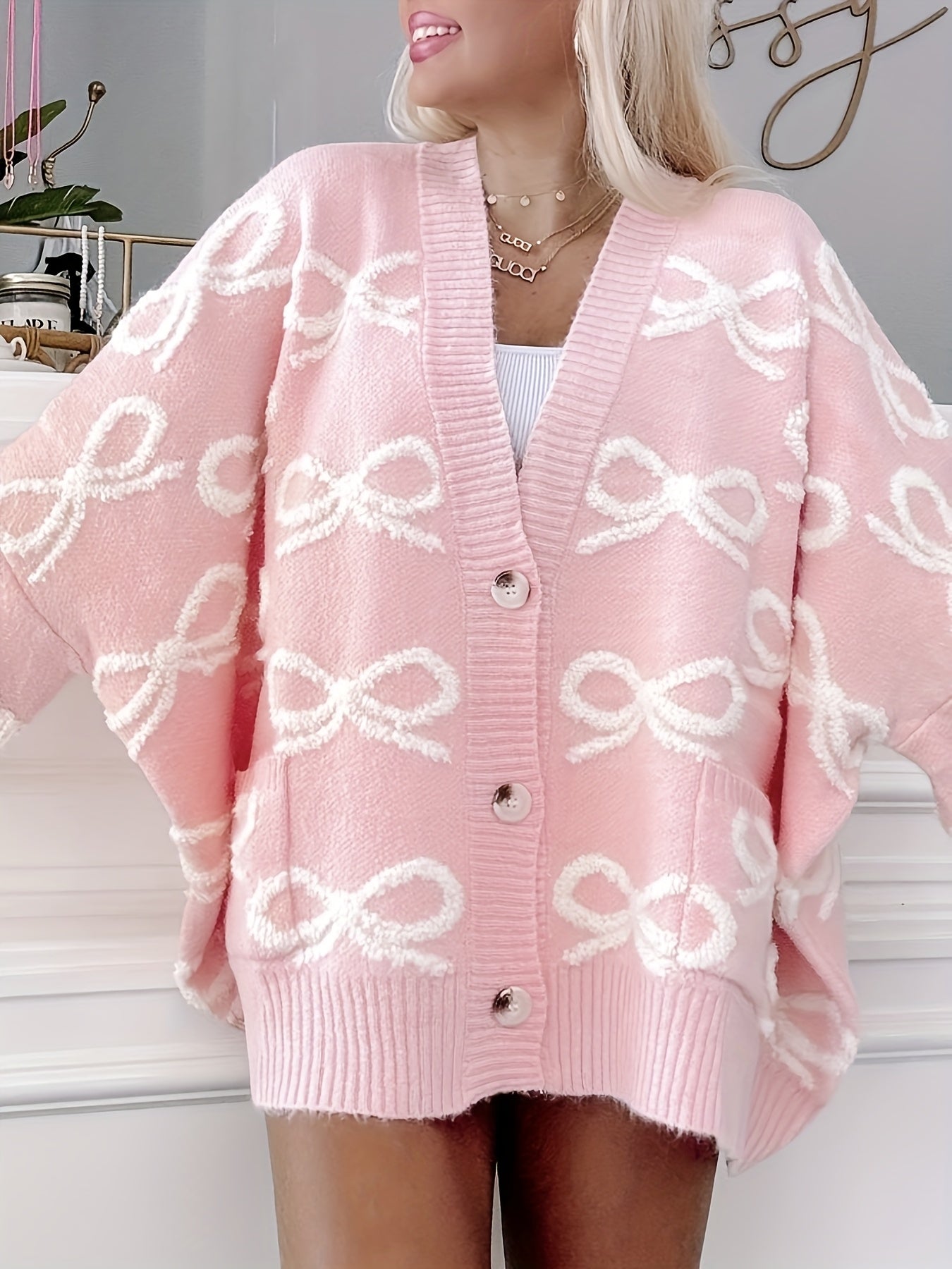 Women's Pink Oversized Butterfly Pattern V-Neck Cardigan Cozy Fall Sweater