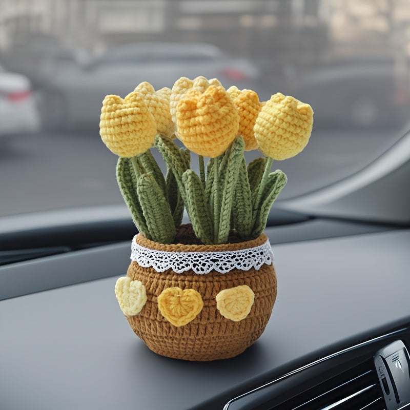 Qoʻlda tayyorlangan toʻqilgan tuliplar idishda, avtomobil paneli uchun bezak, mato gullar, bonsai
