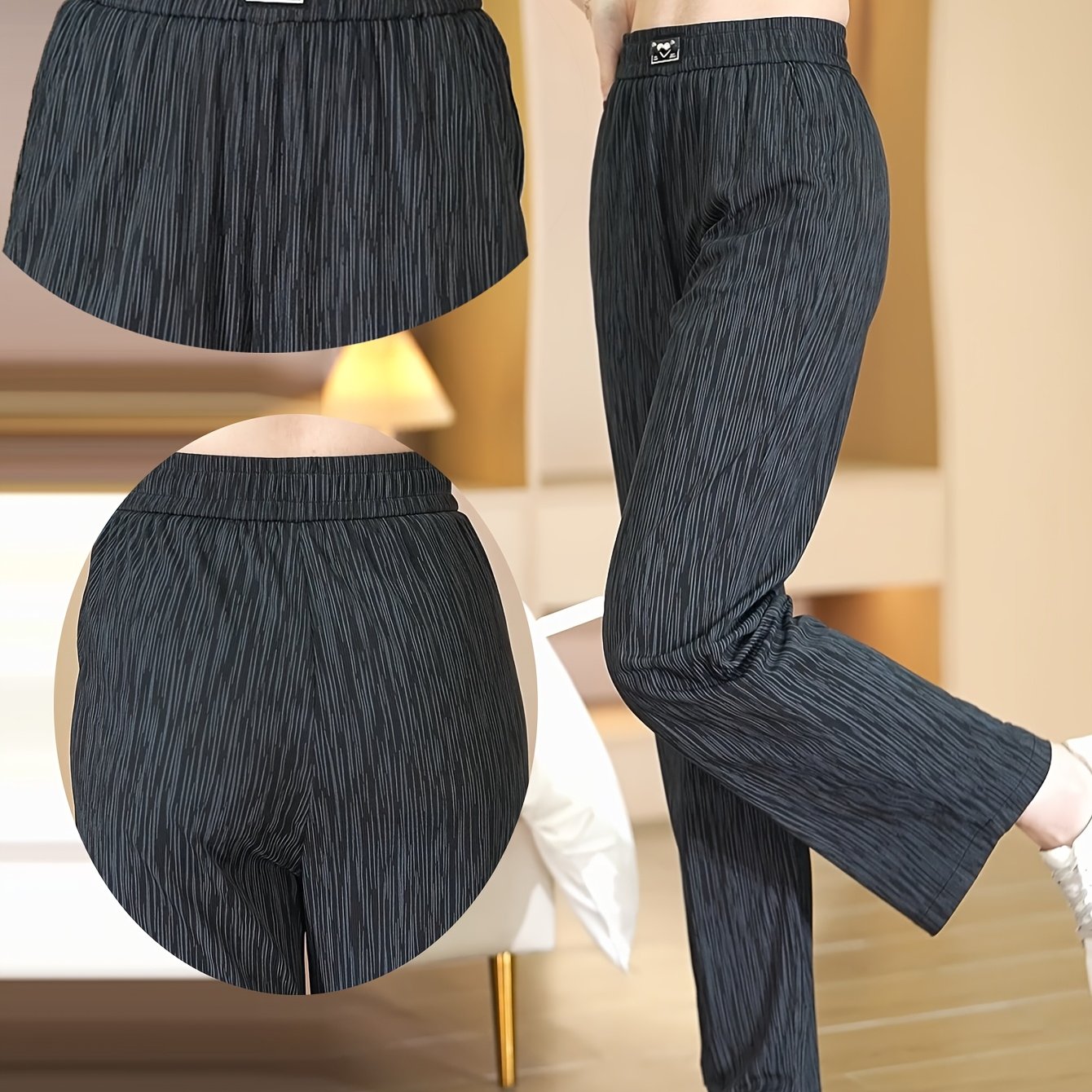Women's Black High-Waisted Wide-Leg Stretchy Pants for Spring Summer