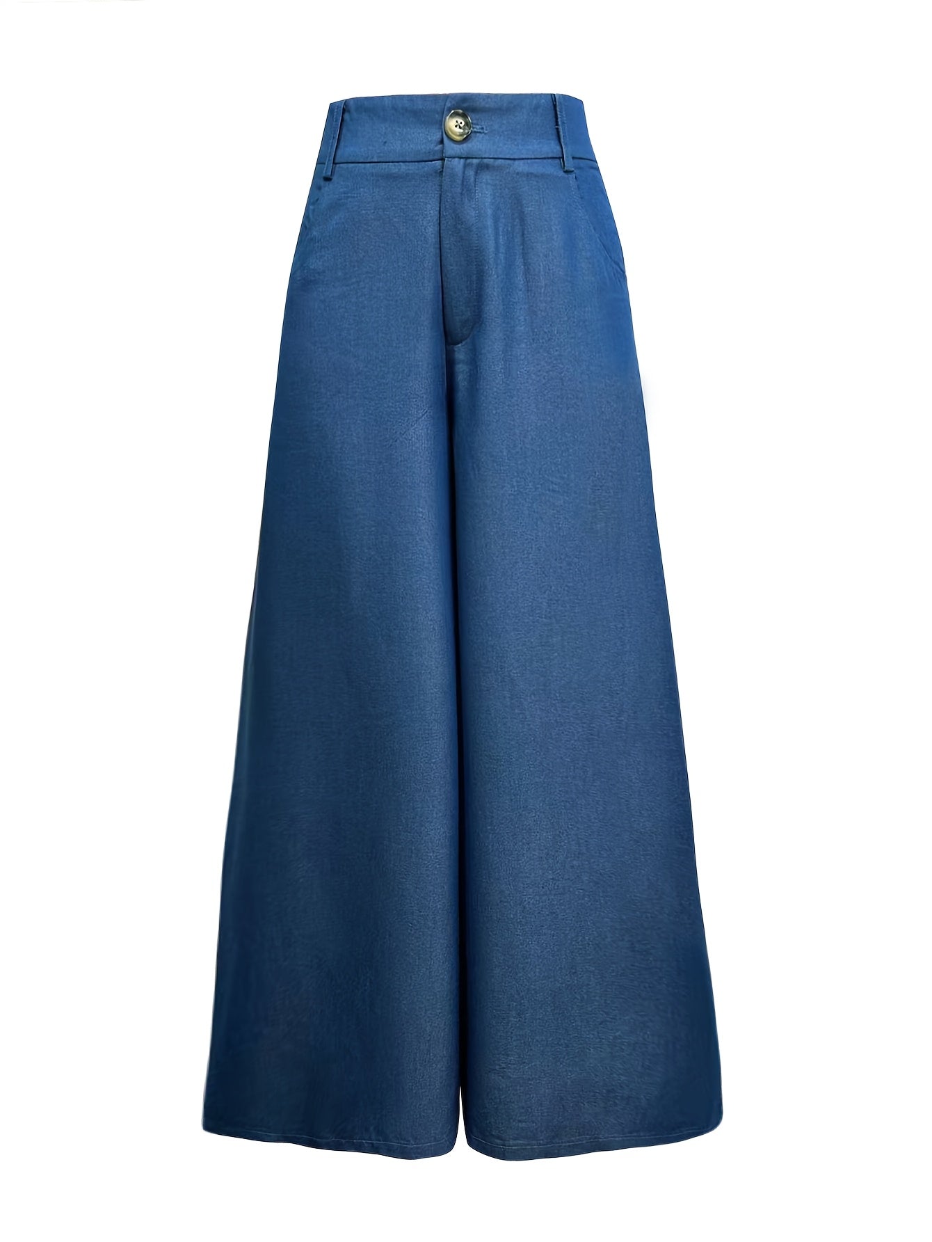 Ayollar uchun keng oyoqli ko'p maqsadli shimlar, bir rangli polyester, soxta denim, cho'ntaklar va to'qilgan to'qima bilan.