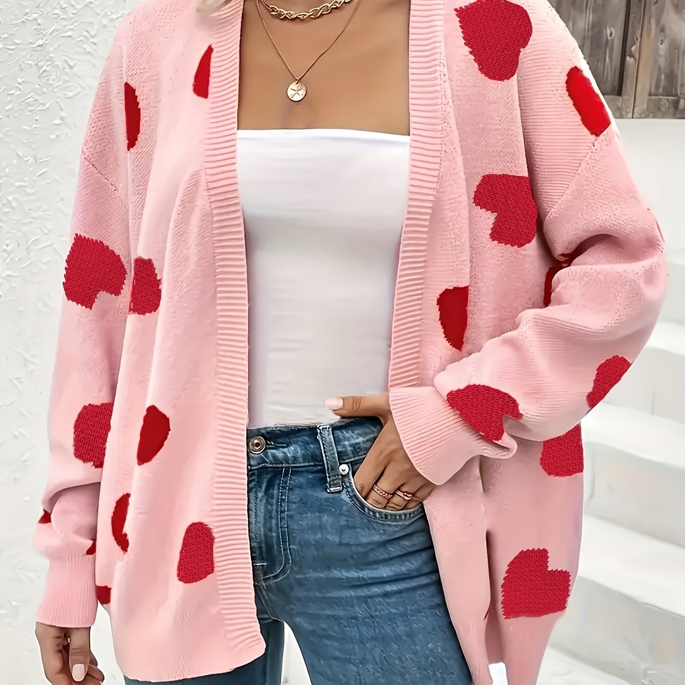 Plus Size Women's Pink Heart Pattern Cardigan Long Sleeve Open Front Sweater